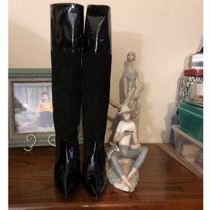 Kate Spade knee-high pointed toe suede and patent leather boots
